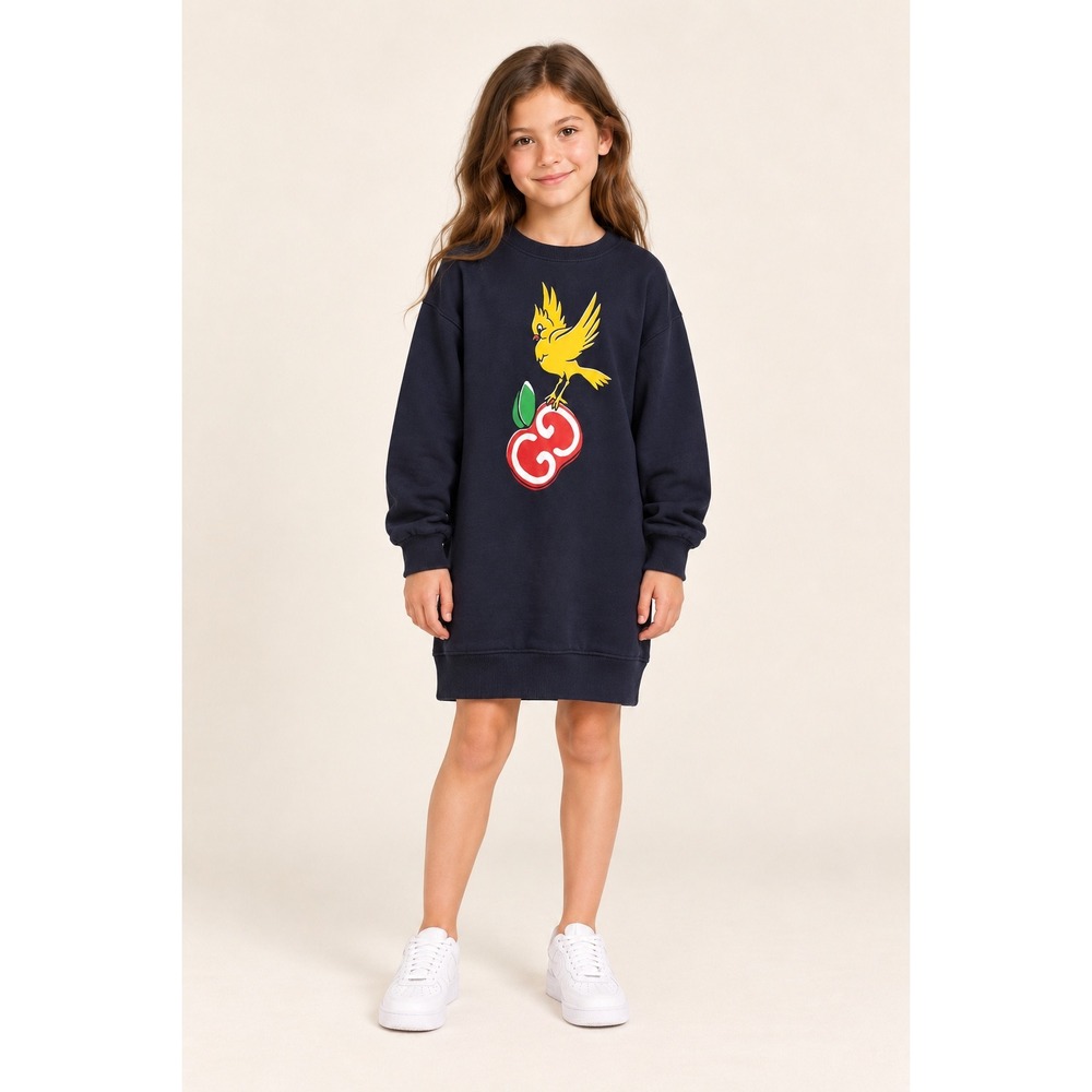 Gucci Girls 12 Navy Bird GG Apple Cotton Sweatshirt Dress Made in Italy designer